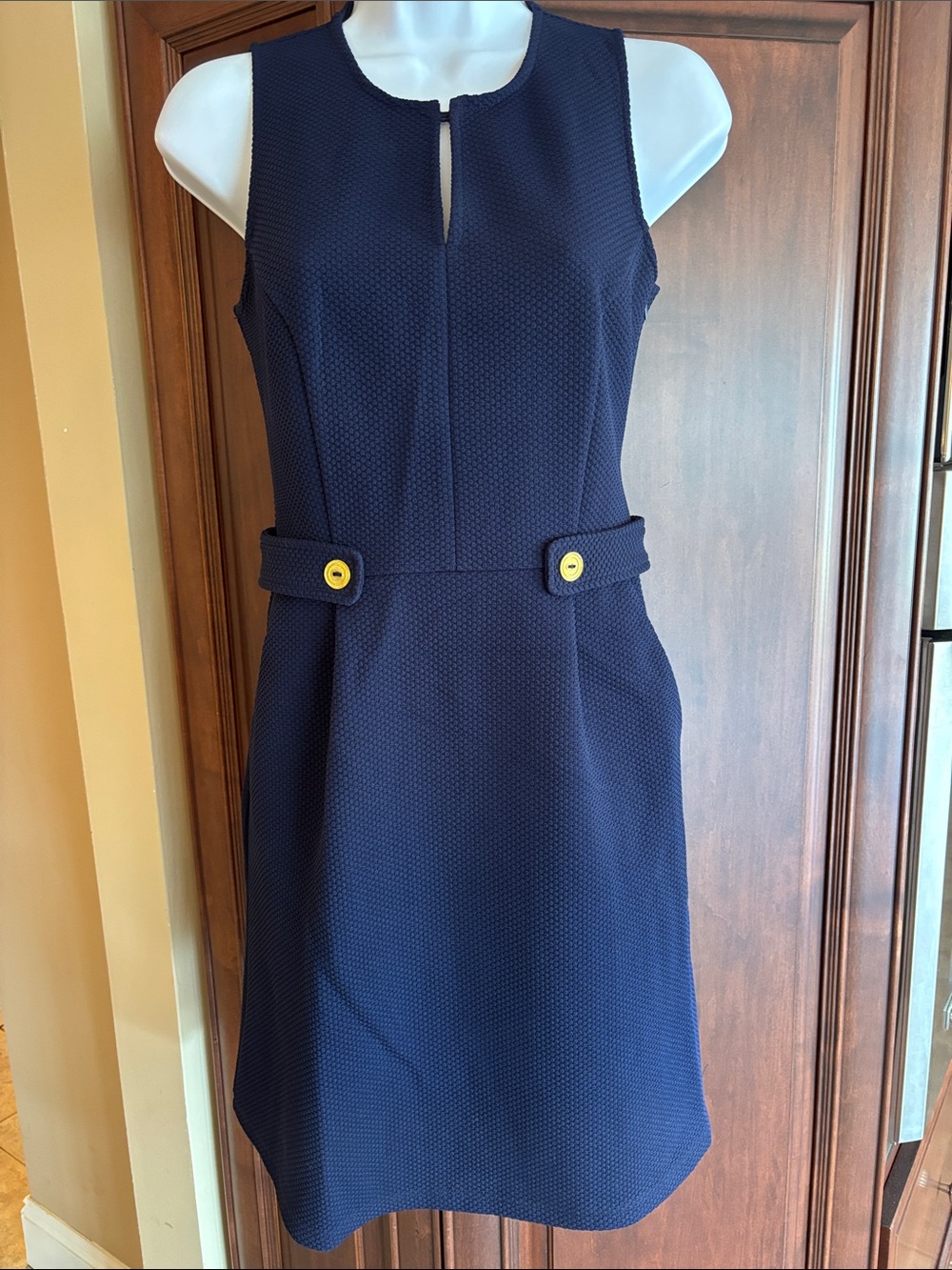 Tabitha Navy Sleeveless Sheath Dress with Yellow Gold Button Accents